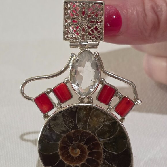 Vintage Ammonite Shell Red Coral Clear Gemstone Handmade Sterling Silver Pendant - Picture 9 of 12